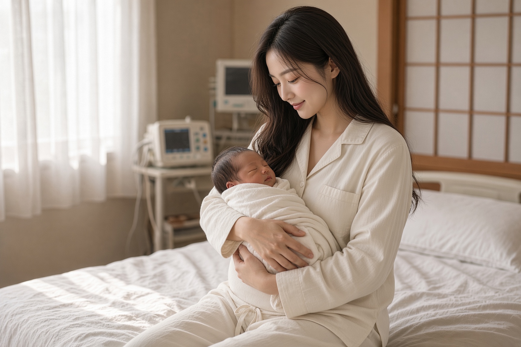 産院で前開きパジャマを着て新生児を抱いている