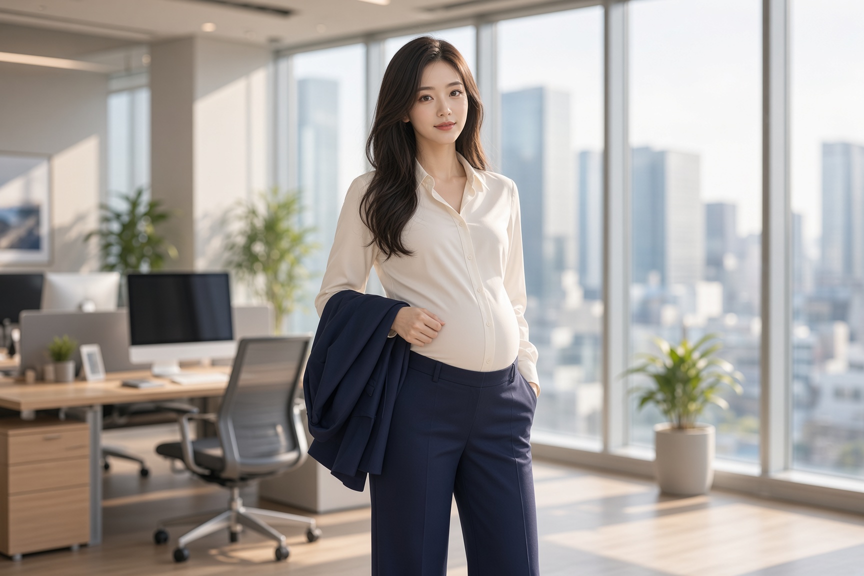 ワイドパンツとジャケットで通勤している妊婦
