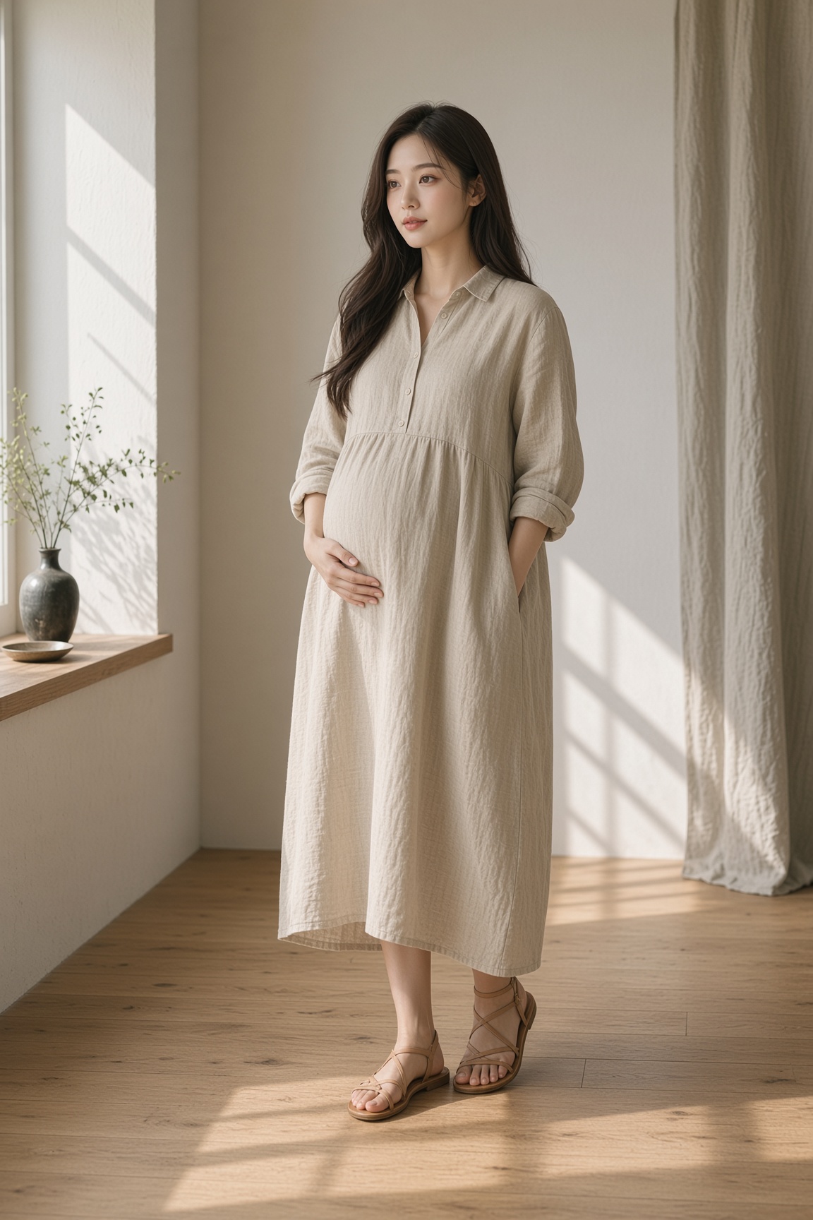 リネンのシャツワンピースを着た妊婦のモデル