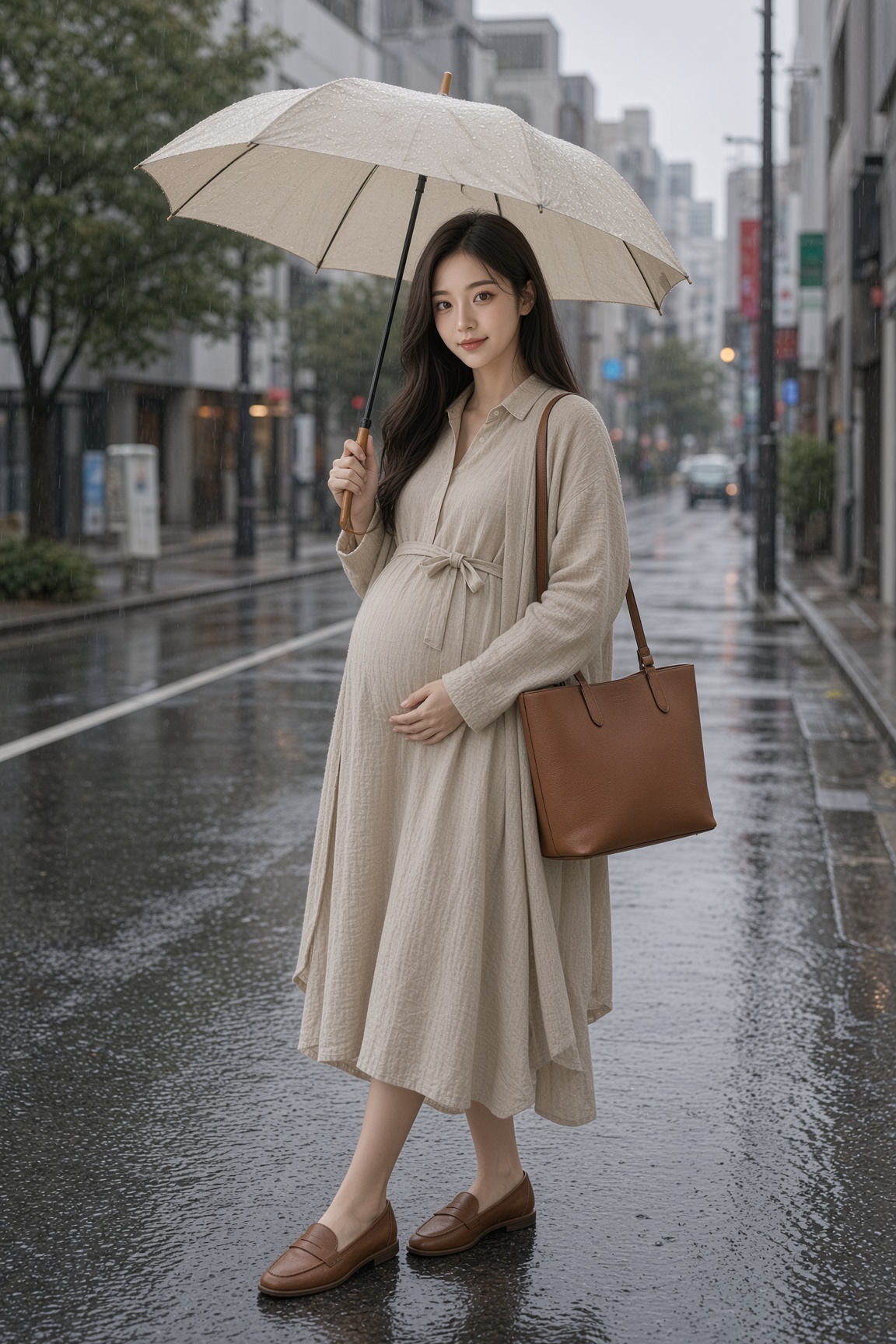 雨の日のマタニティ外出。ワンピにカーデ、傘と肩かけバッグ
